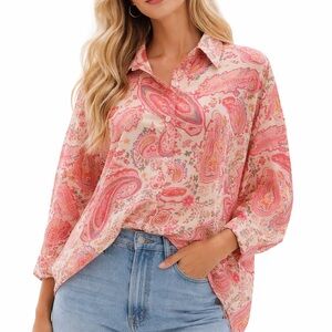 Paisley Button Front Blouse L/XL Pink Cream Long Sleeve Boho Top